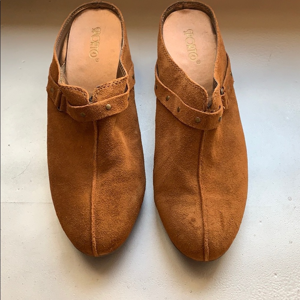 Brown suede clogs